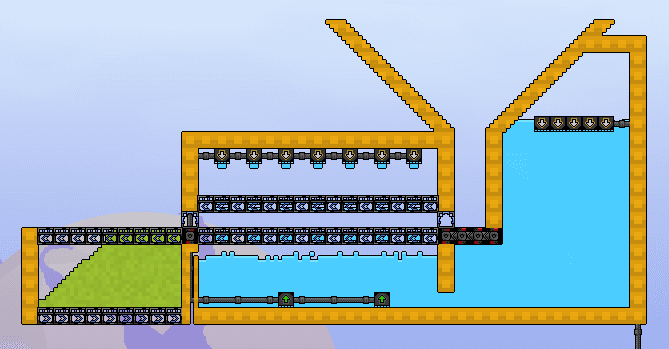 Falling-Water wetter for Sand or Seed, with Filters to retain solids and a drain for excess Water.