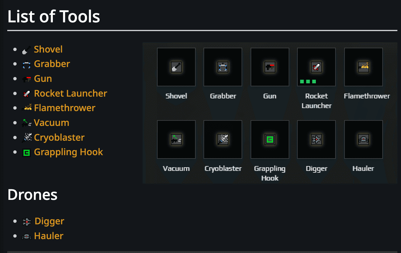 Official Wiki overview screenshot showing Sandustry tools, drones, and their icons