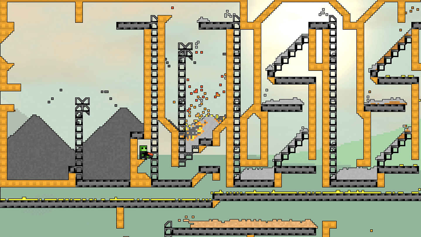A Sandustry factory scene with conveyors, processing areas, sand piles, and vertical logistics