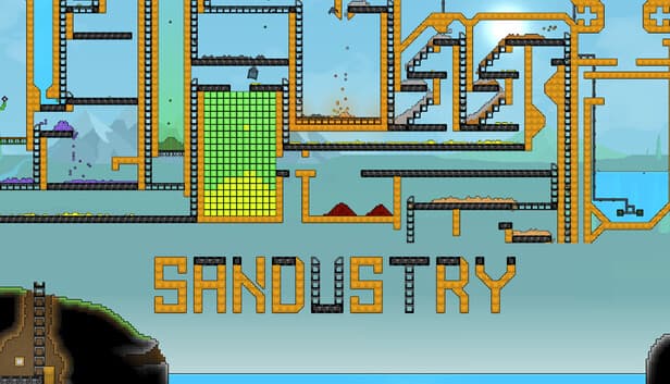 Sandustry factory layout showing buildings, belts, vertical routes, and material spaces