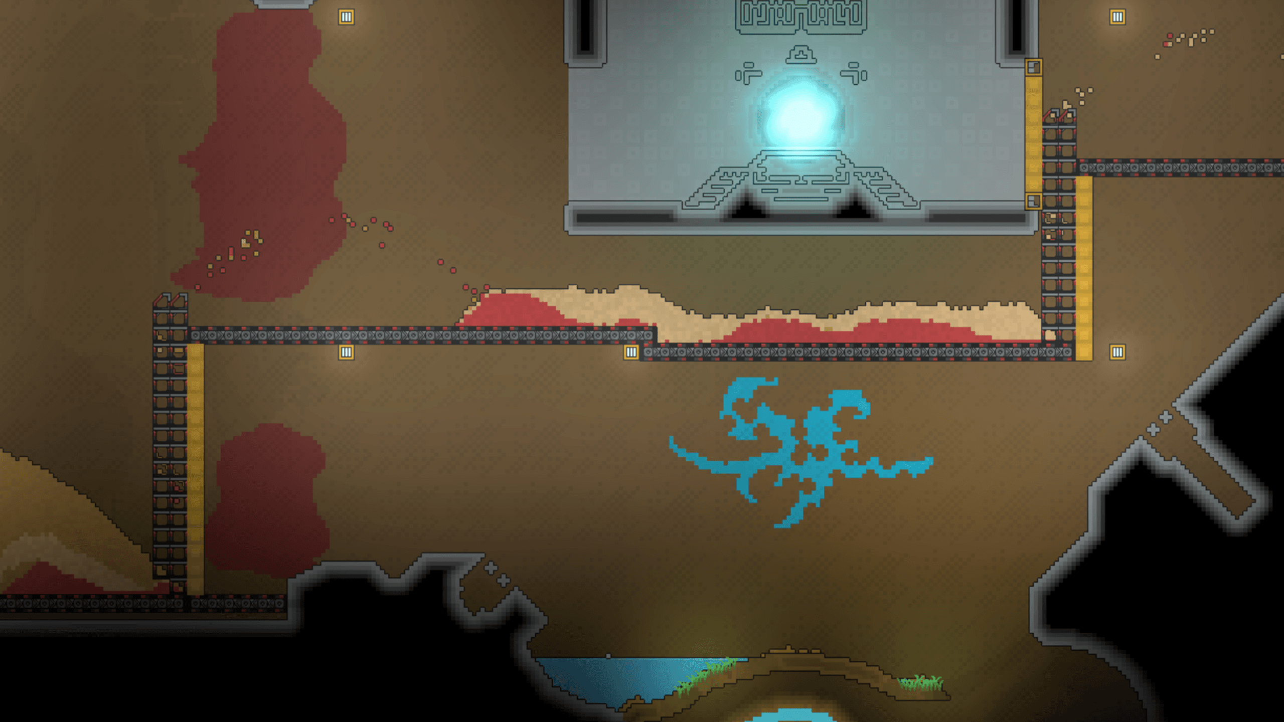 Sandustry exploration scene with a glowing structure, branching terrain, and factory tracks