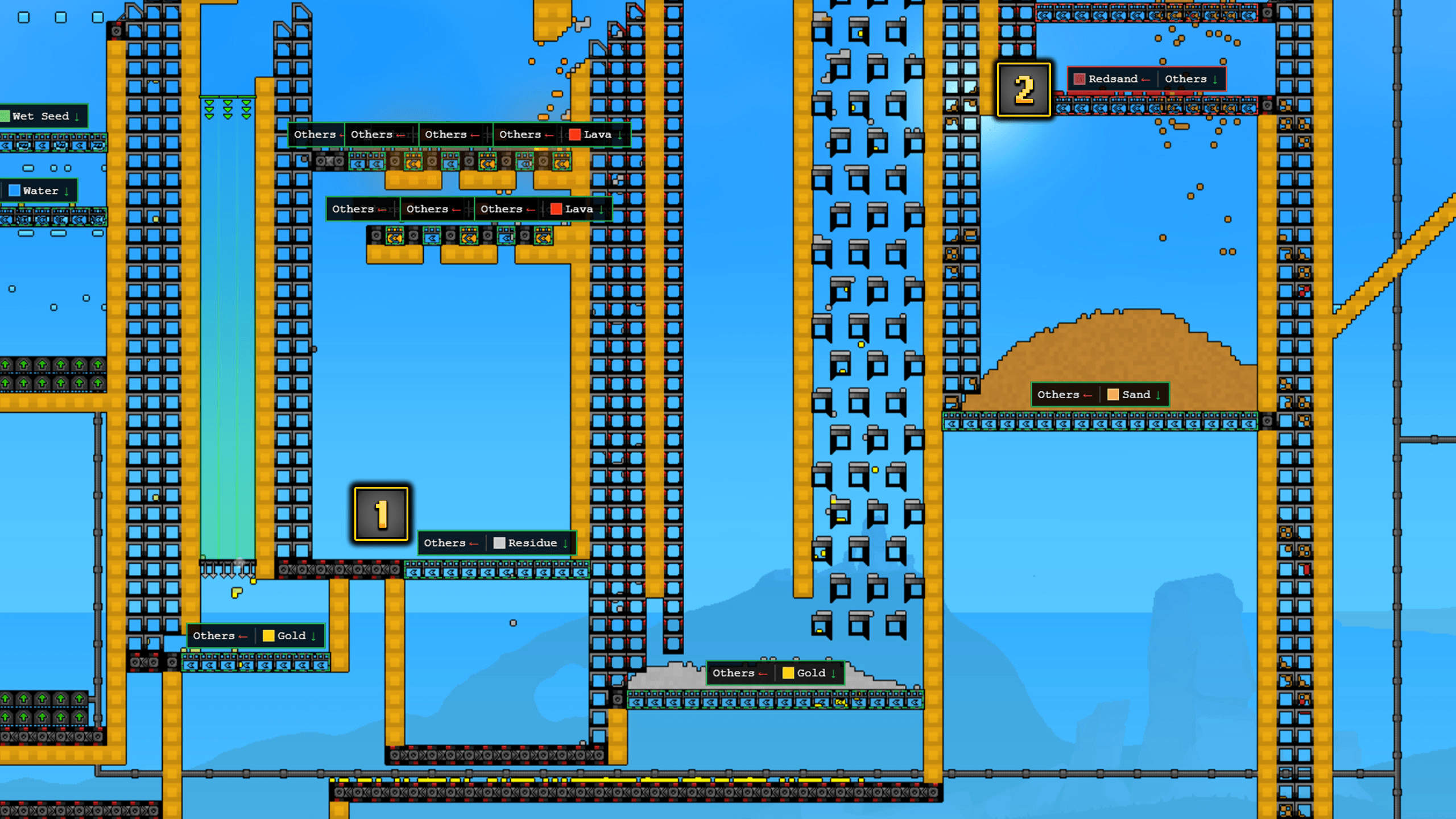 A Sandustry material-routing example with separate labeled outputs for Residue, Gold, Redsand, Sand, and Lava