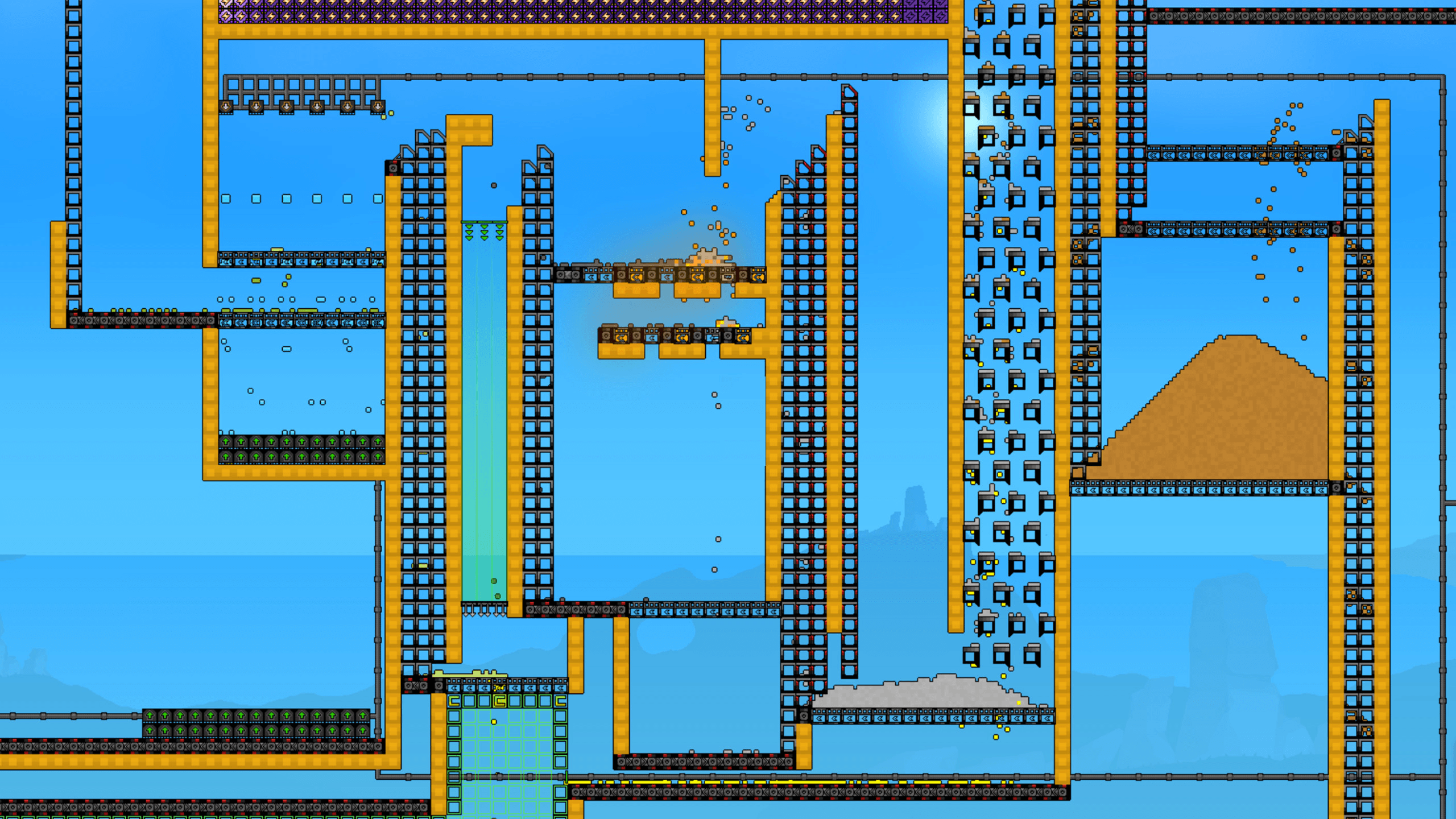 Sandustry production line with repeated processing rooms, transport columns, and material collection areas
