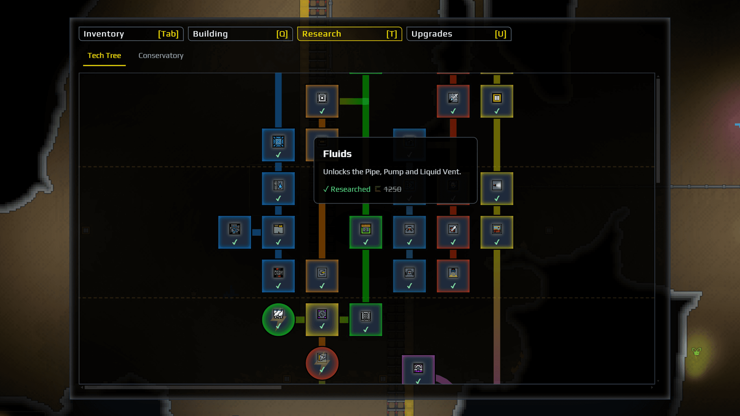 Research tree screenshot from a versioned reference build; it illustrates progression branches and is not proof of current costs