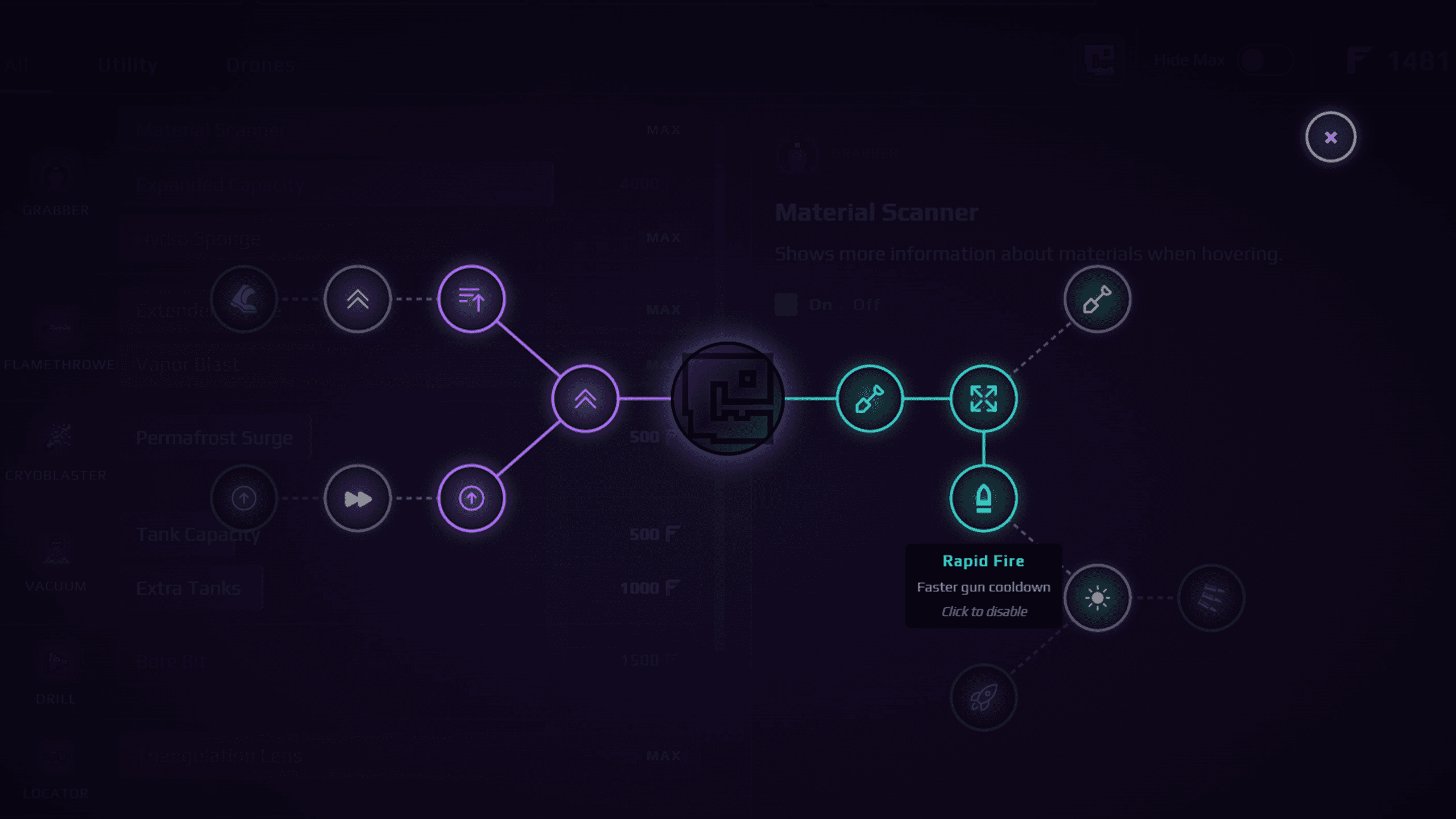 The Sandustry Upgrades panel showing branching improvements for tools such as the Material Scanner and Gun